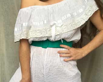 Vintage 80s Mexican Pin Tuck Cotton Jumpsuit: Off Shoulder Crochet Ruffle, M/L