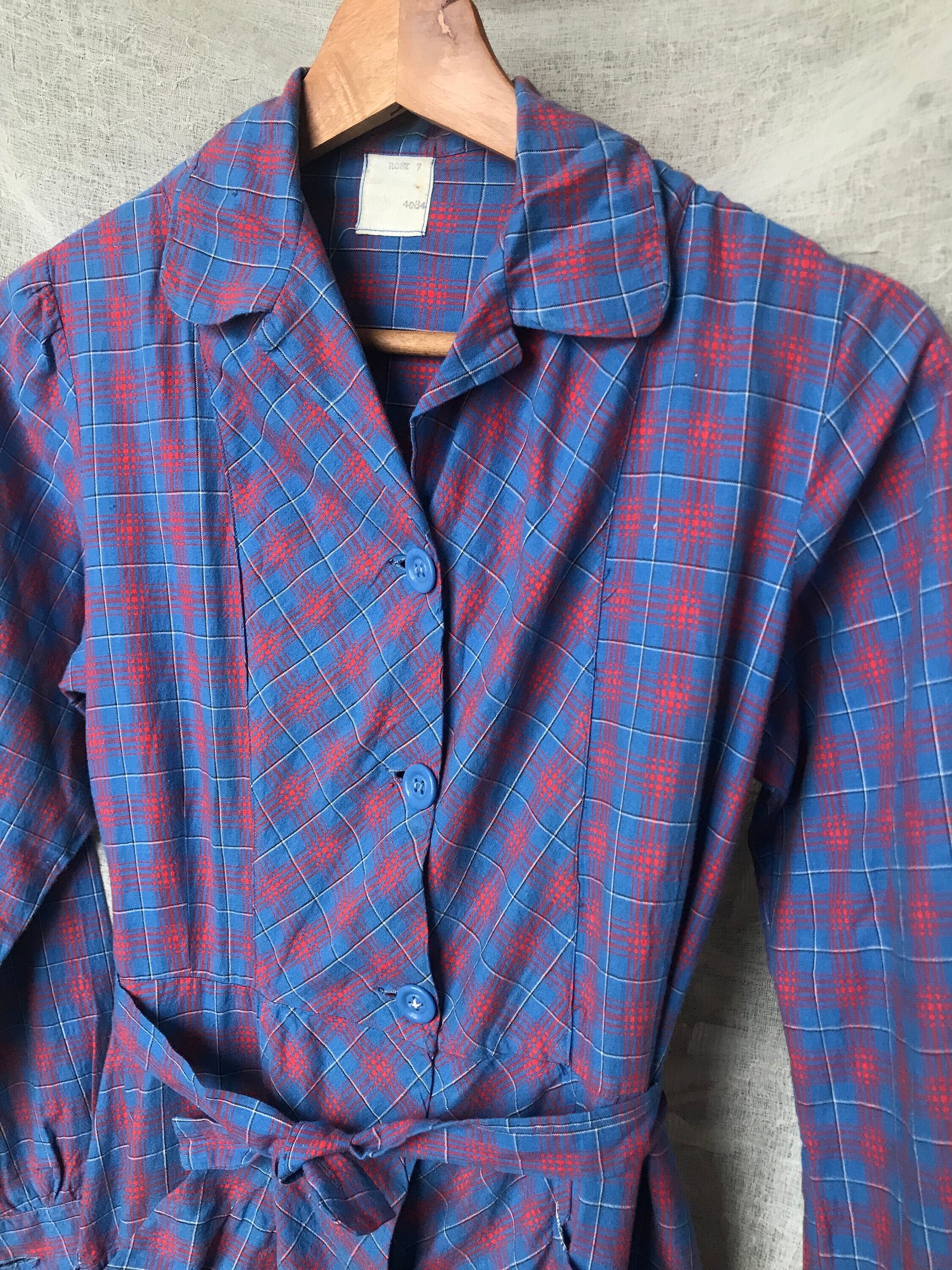 Vintage 60s Work Dress, Plaid, House Dress, Cotton, Tablier, Plaid, Pockets, Size Medium