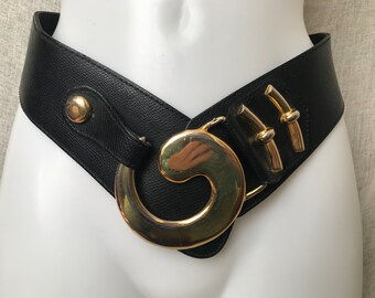 Vintage 80s, Wide Belt, Black, Goldtone Metal, Geometric, Adjustable, 31 inch to 36 inch