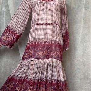 Vintage India Cotton Gauze Dress, Vintage 70s, Lurex, Drop Waist, Block Print Indian Dress, Lined, Semi Sheer, Boho Dress, Size Small/Medium
