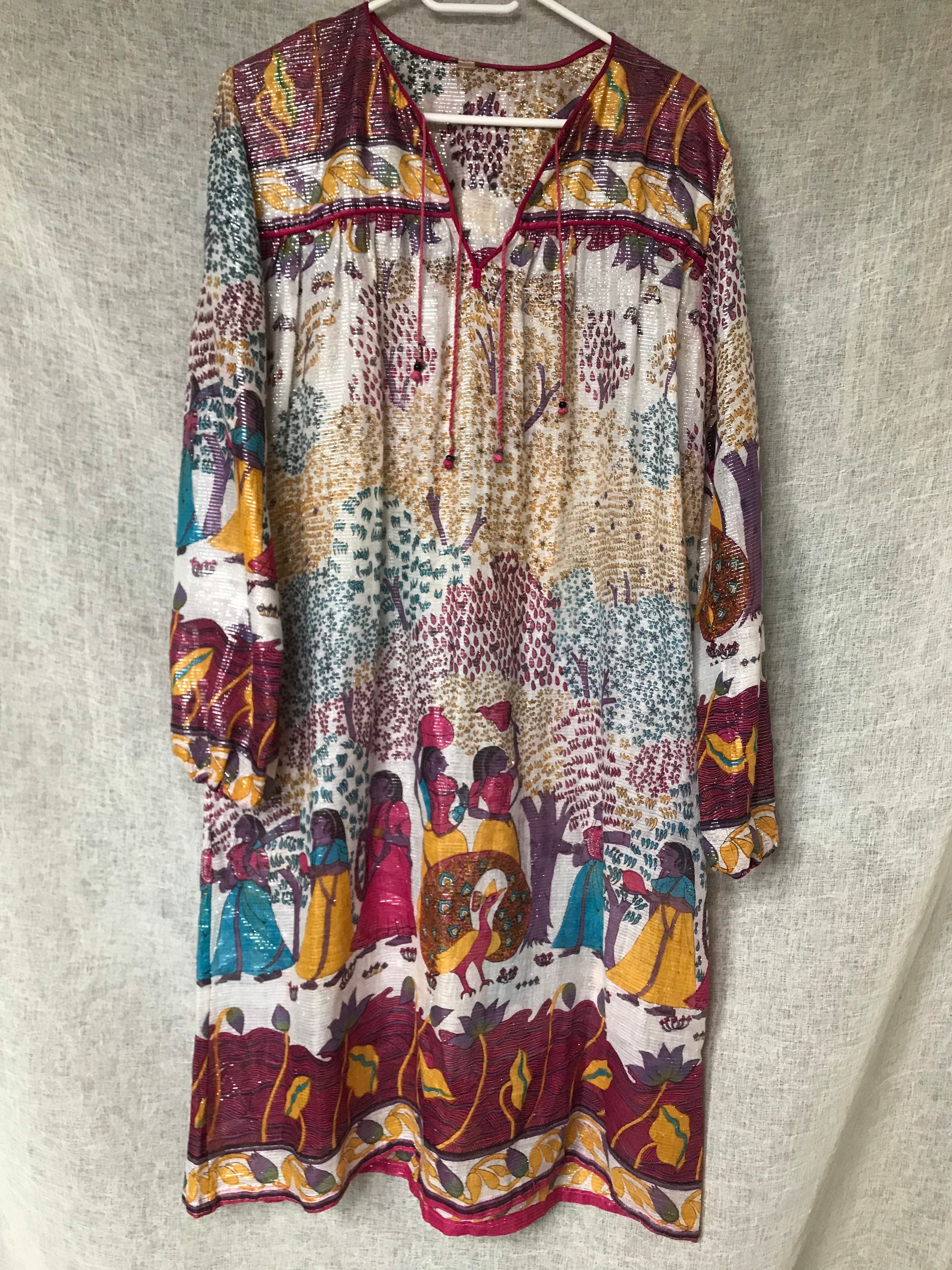 Vintage Indian Cotton Gauze Dress, India Block Print Tunic, Lurex India