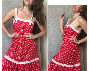 Vintage 80s,  Polka Dot, Sundress, Cotton, Red and White, Size Large/XL, Fading/Imperfections - Read Description