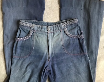 Vintage 70s Denim Bellbottoms: Braided Details, Contrast Stitching, 30" Waist