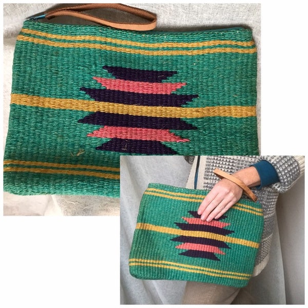 Vintage Sisal Woven Hand Purse, Ethnic 70s Style, Medium Sized Satchel Purse, Leather Wrist Strap, Zip Closure. 13 inches by 9 inches