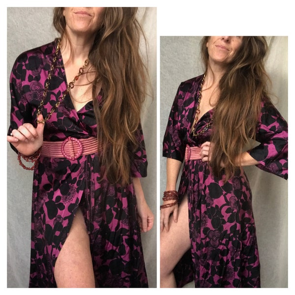 Vintage 70's Wrap Dress, Purple Floral, Bell Sleeve, 70s Loungewear, Polyester Satin, Size Small