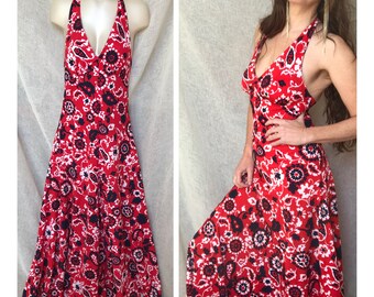 Vintage 70s, Maxi Halter Dress, Open Back, Floral Print, Red and Blue, Classic 70s Dress, Polyester, Size Small to Medium