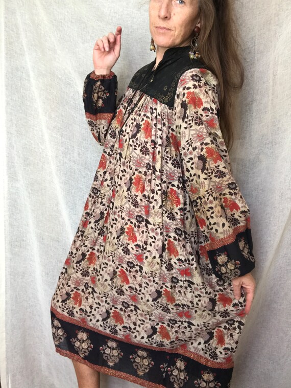 Vintage Indian Cotton Gauze Dress, Block Print, L… - image 4