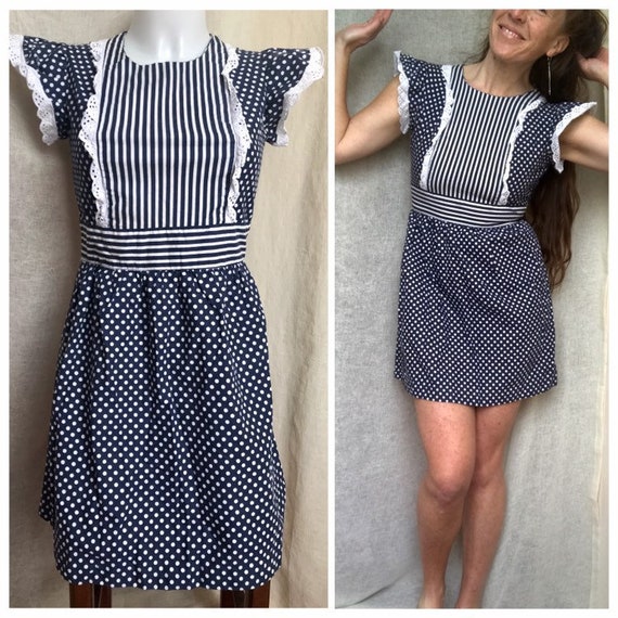 70s Vintage Mini Dress, Cotton Mini Dress with Po… - image 1