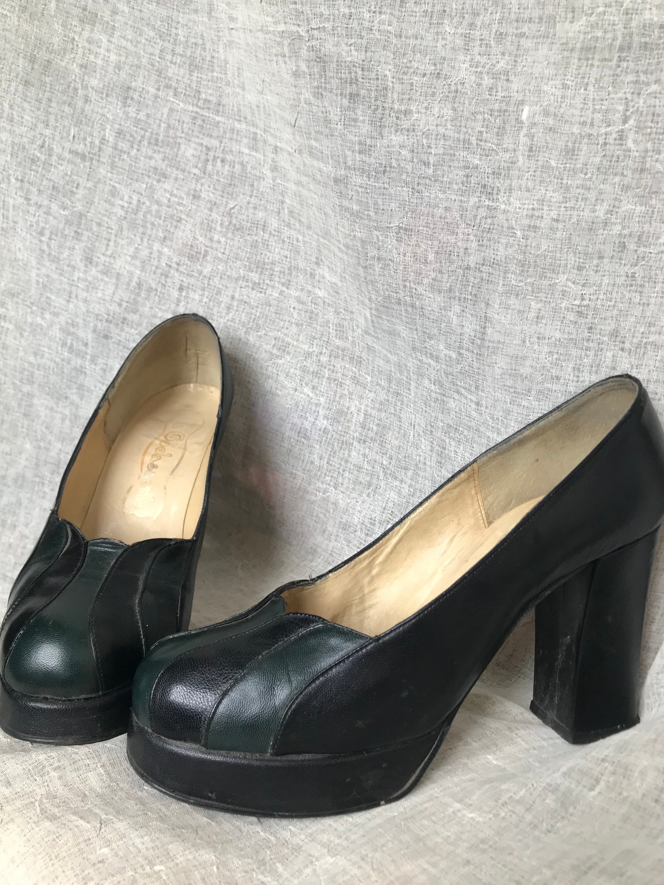 Vintage 70s Platform Heels, Two Tone Leather Pumps, Chunky Heel