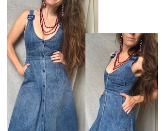 Vintage 70s, early 80s, Denim Dress, Sundress, Pockets, Fitted Bodice, A-Line, Size Small to Medium