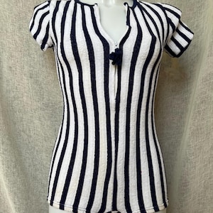 Vintage badstof romper jaren 60, gestreepte boxpakje dode inventaris, rits aan de voorkant, stretchmateriaal, maat XS (small)