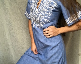 Vestido vintage de los años 70, bordado, estilo caftán, de algodón, tallas S a M/M