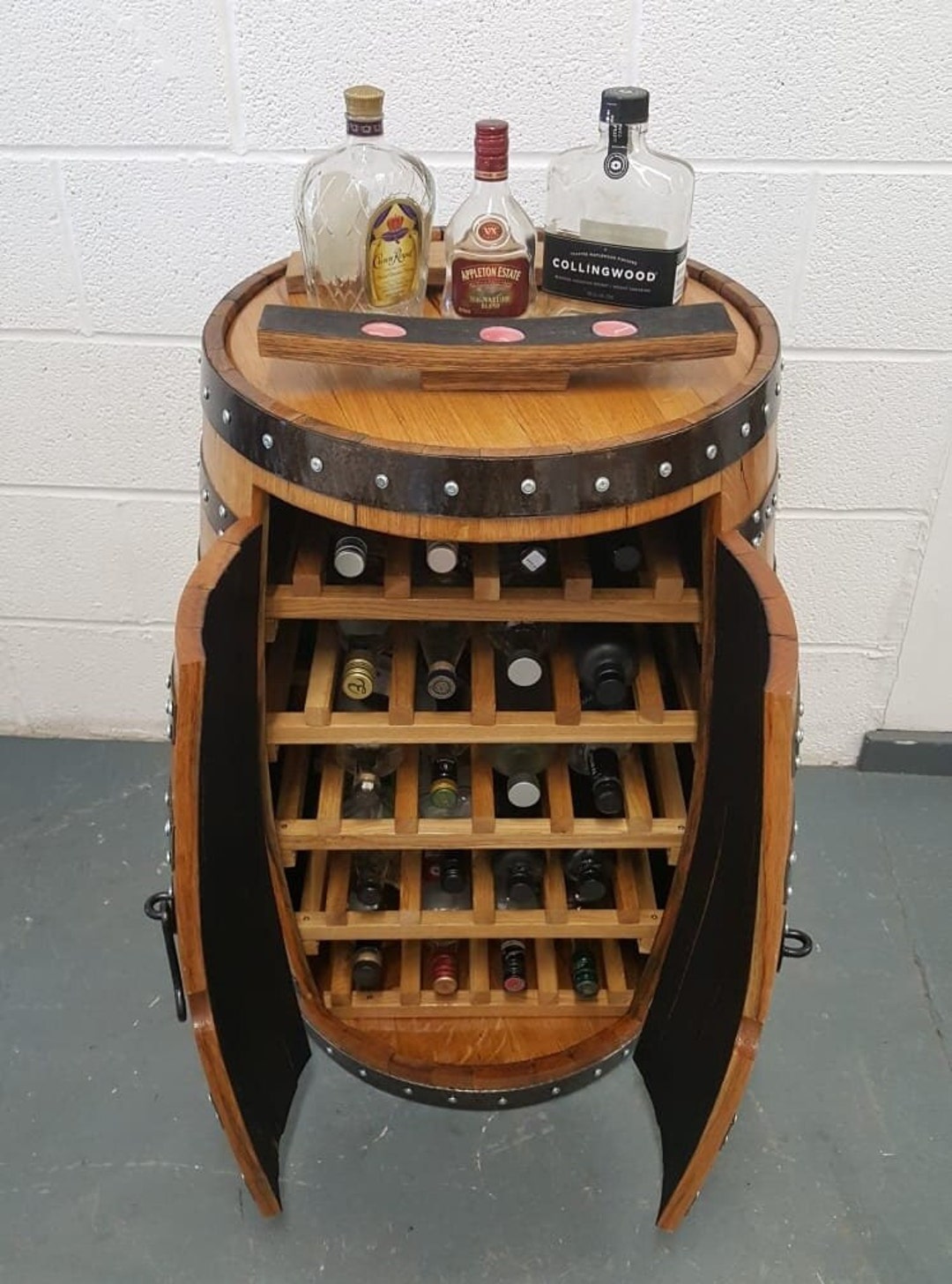 WINE RACK Drink Cabinet With Double Doors Handcrafted Solid Oak Barrel ...