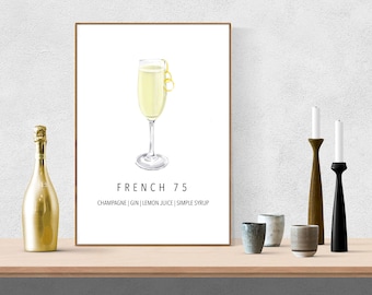 French 75 Cocktail Print // bar print, wedding bar, wall art, home bar art, signature cocktail, party prints