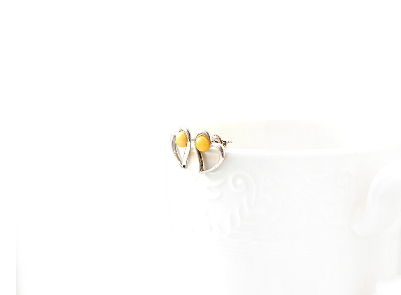 Sterling Silver Stud Genuine Yellow Baltic Amber Heart Earrings
