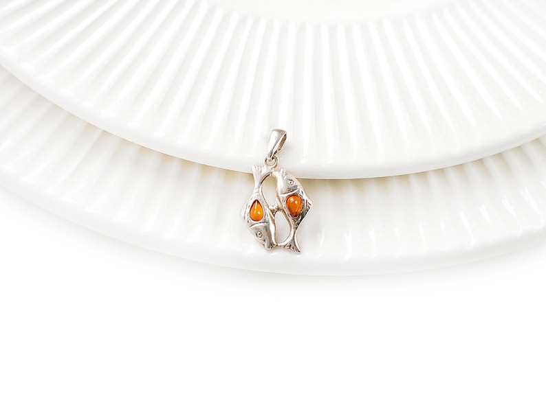 Pisces Cognac Genuine Baltic Amber Sterling Silver Pendant