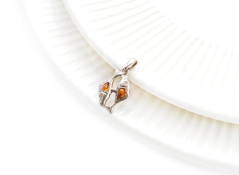 Pisces Cognac Genuine Baltic Amber Sterling Silver Pendant