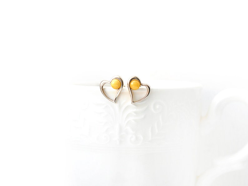 Sterling Silver Stud Genuine Yellow Baltic Amber Heart Earrings