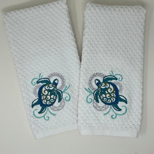 Set of 2 Sea Turtle Fun Bath or Kitchen Towels. Embroidered towels.