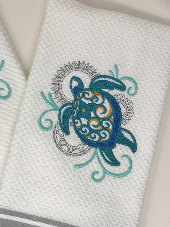 Sea Turtle with Echo Bathroom Set HAND TOWELS EMBROIDERED 