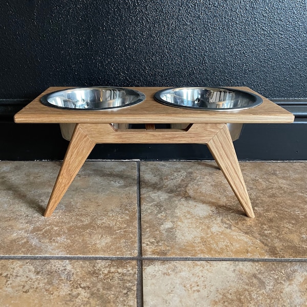 Mid Century Modern Style Elevated bowl for Dog and Cat with Optional Engraving - 17 oz or 27 oz metal bowls (Bowls included).