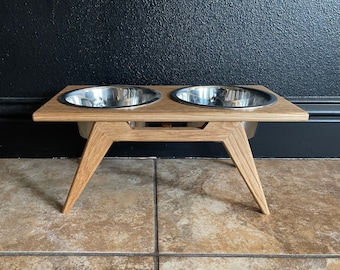 Mid Century Style Elevated bowl for Dog and Cat with Optional Engraving - 17 oz or 27 oz metal bowls (Bowls included).