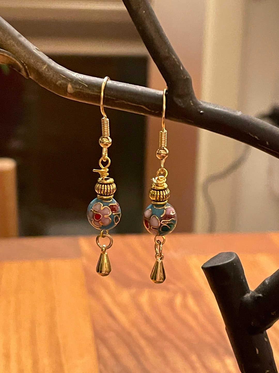 Turquoise and Gold Cloisonne Bead Earrings Etsy