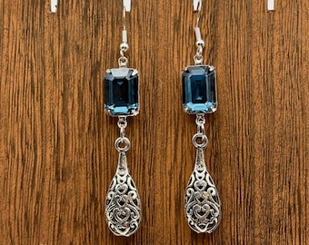 Art Deco Style Earrings Blue and Silver