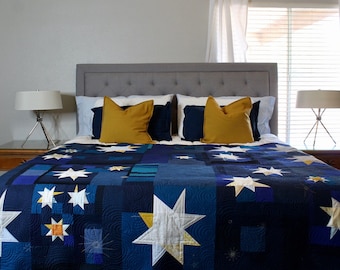 Handmade Scrappy Stars Quilt: Metallic Navy Throw Bedding (66”x80”)
