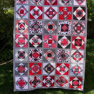 Bold Red & Black Reversible Quilt | 62&quot; x 85&quot; Handmade Throw or Bed Quilt | Double-Sided Scrappy Patchwork | Gray Ladybug Quilting