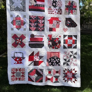 Reversible Red Black and White Scrappy Patchwork Quilt | 59&quot; x 73&quot; Handmade Throw Blanket | Double-Sided Quilt with Gray Medallion Stitching