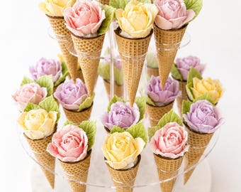 Set of 24 Handmade Waffle Cone Desserts | Zephyr Dessert Centerpiece | Luxury Edible Floral Gift