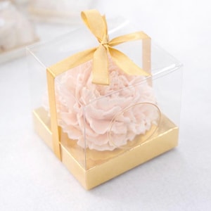 May include: A light pink flower is encased in a clear, square box with a gold base. A gold ribbon is tied in a bow on top. The flower is the focal point, with delicate petals. The box is a gift box.