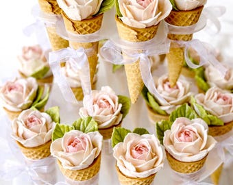 Set of 24 Handmade Waffle Cone Desserts with Decorative Cone Stands | Zephyr Dessert Centerpiece | Luxury Edible Floral Gift
