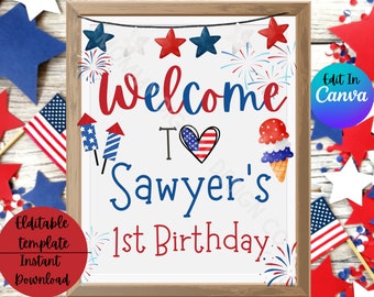 4th of July Welcome Sign Red White and Blue Sign Patriotic Party Decor Download PRINTABLE Firecracker Birthday  4th of July bday