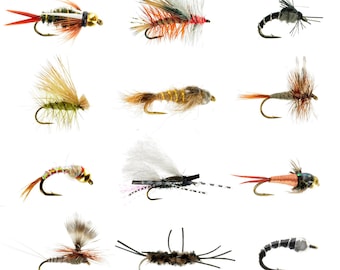 May include: Assortment of 10 colorful fly fishing lures with feathers, fur, and beads. The lures are arranged in a row on a white background.
