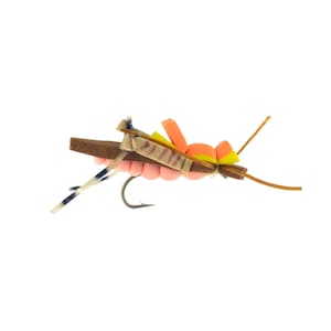 May include: A brown, orange, and yellow foam fly fishing lure with a hook.
