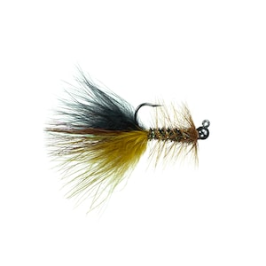 May include: A brown and black fly fishing lure with a gold bead and a black hook.