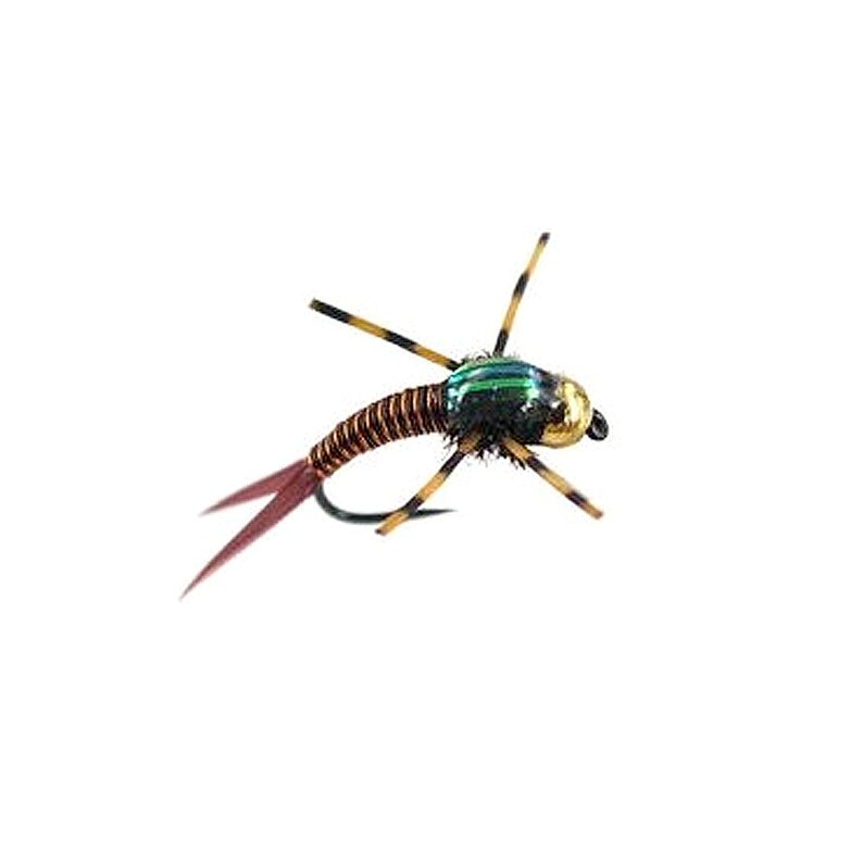 May include: A green and gold fly fishing lure with brown and black accents and a red tail.
