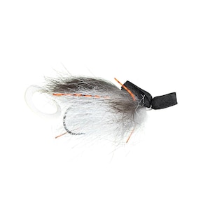 May include: A white and gray fly fishing lure with a black foam head and orange accents.