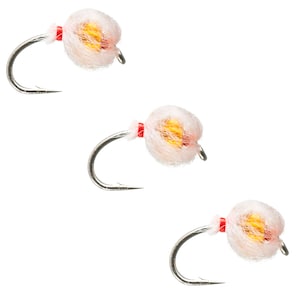 May include: Three white and yellow fly fishing lures with red accents and silver hooks.