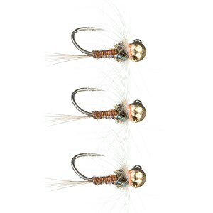 May include: Three gold-headed fly fishing lures with brown and copper colored bodies and white feathers.