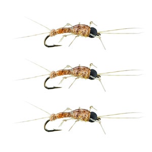May include: Three brown and black fly fishing lures with long, thin legs and a black head. The lures are tied on hooks and are designed to mimic insects.