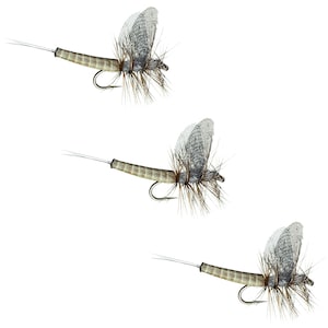 May include: Three realistic-looking fly fishing lures with brown bodies and gray wings. The lures are designed to mimic mayflies.