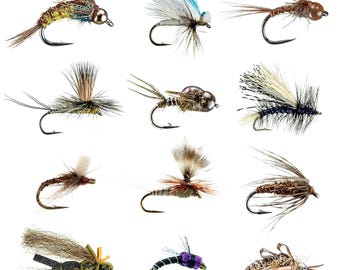 May include: A collection of twelve artificial fishing flies, each with a unique design. The flies feature various colors, including brown, black, white, and green, with intricate details. Each fly has a curved hook.