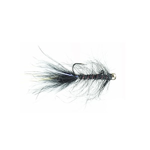 May include: A black and white fishing fly with a gold bead head and a curved hook. The fly has a fluffy, feather-like body with red and blue accents, designed to mimic an insect for attracting fish.