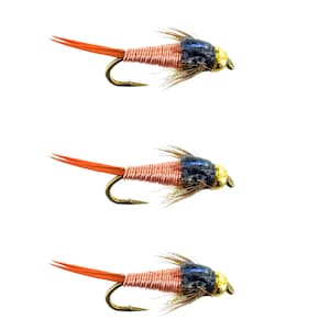 May include: Three copper and black fly fishing lures with orange tails and gold accents.