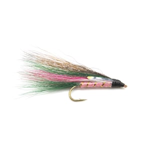 May include: A pink, green, and brown fly fishing lure with a gold hook.
