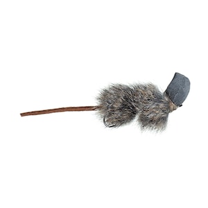 May include: A brown and gray cat toy shaped like a mouse with a long tail. The mouse is made of faux fur and has a gray felt head.