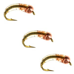 May include: Three clear, translucent fishing flies with copper beads and a gold hook. The flies are designed to mimic aquatic insects.